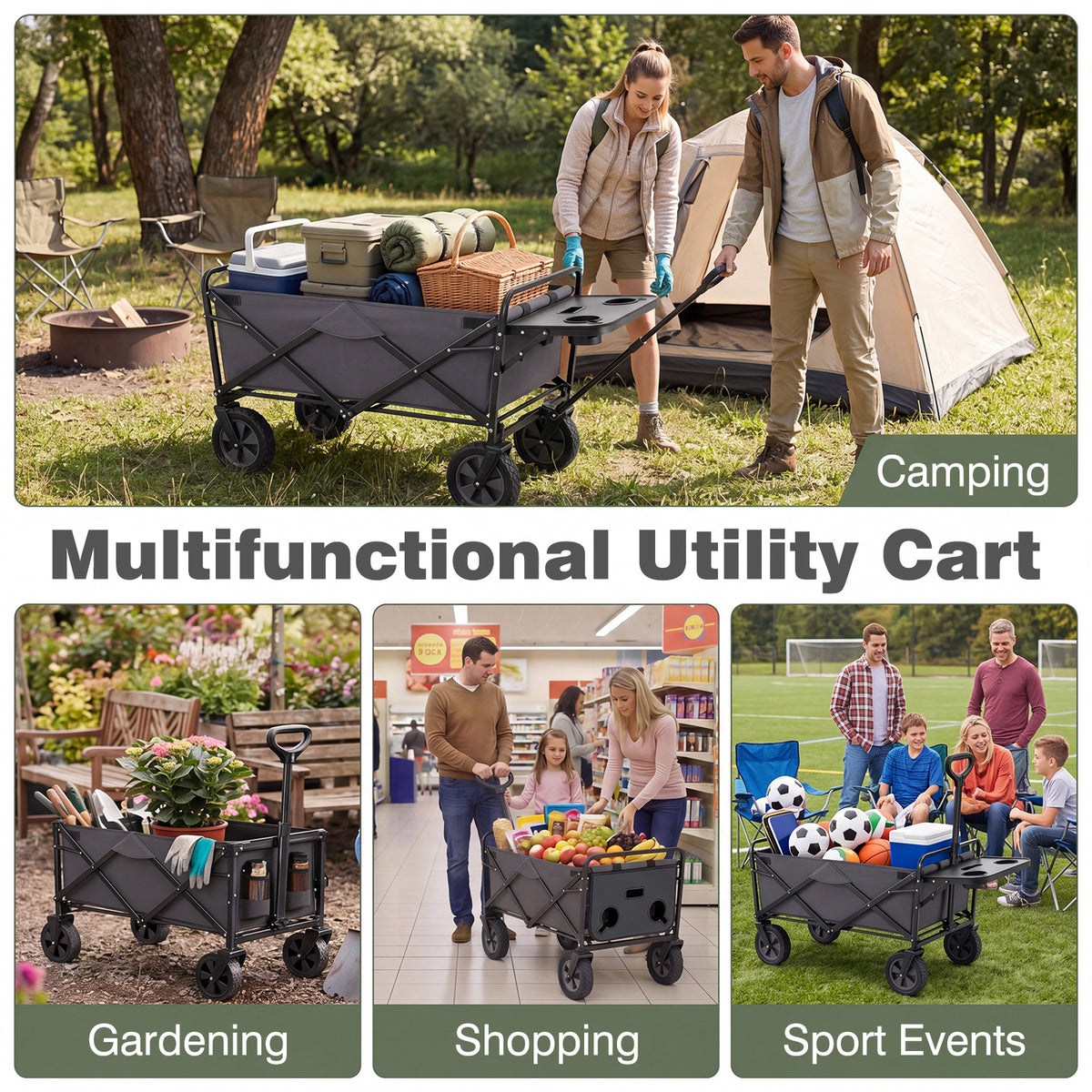 Collapsible Wagon Cart with Flexible Handle and Cup Holders-Grey