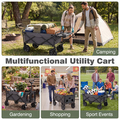 Collapsible Wagon Cart with Flexible Handle and Cup Holders-Grey