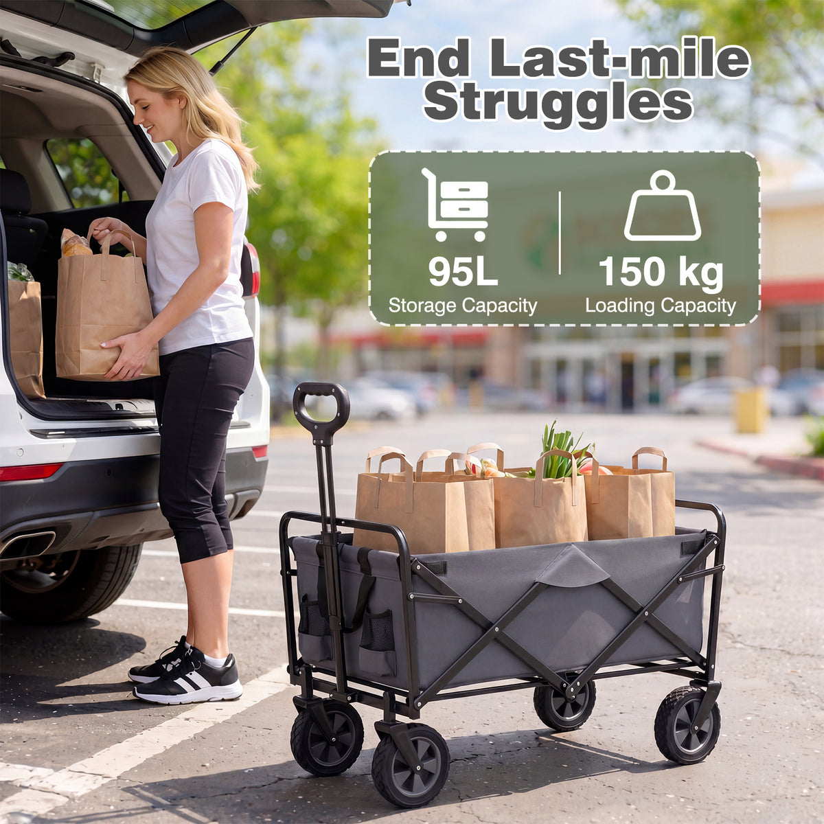 Collapsible Wagon Cart with Flexible Handle and Cup Holders-Grey