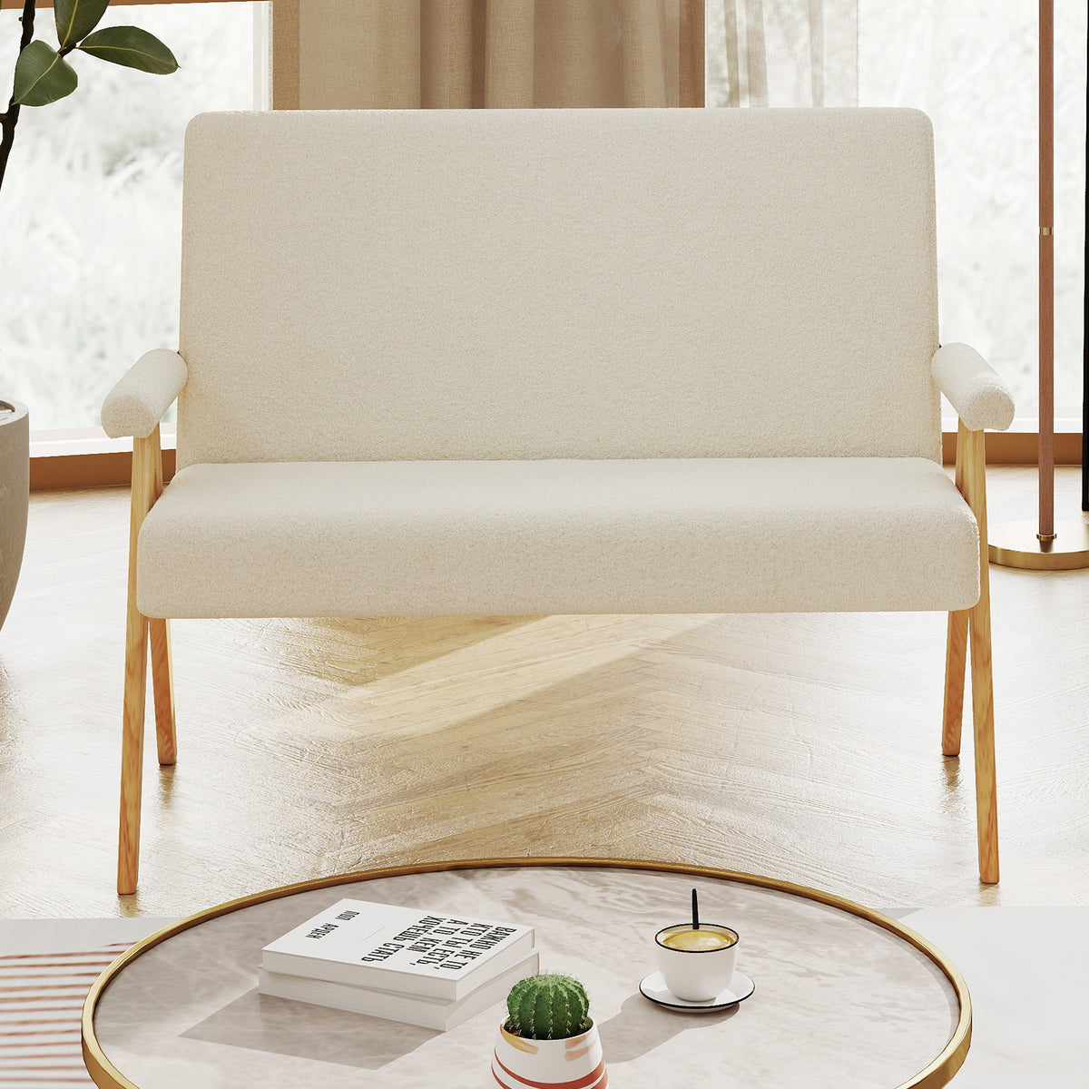 Comfy Upholstered Sherpa Couch with Armrests and Wooden Legs-Beige