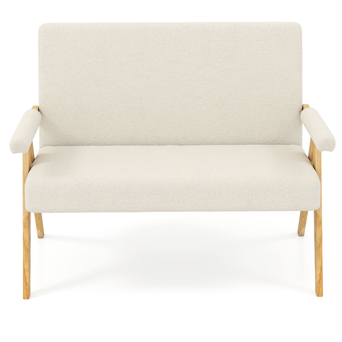 Comfy Upholstered Sherpa Couch with Armrests and Wooden Legs-Beige