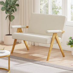 Comfy Upholstered Sherpa Couch with Armrests and Wooden Legs-Beige