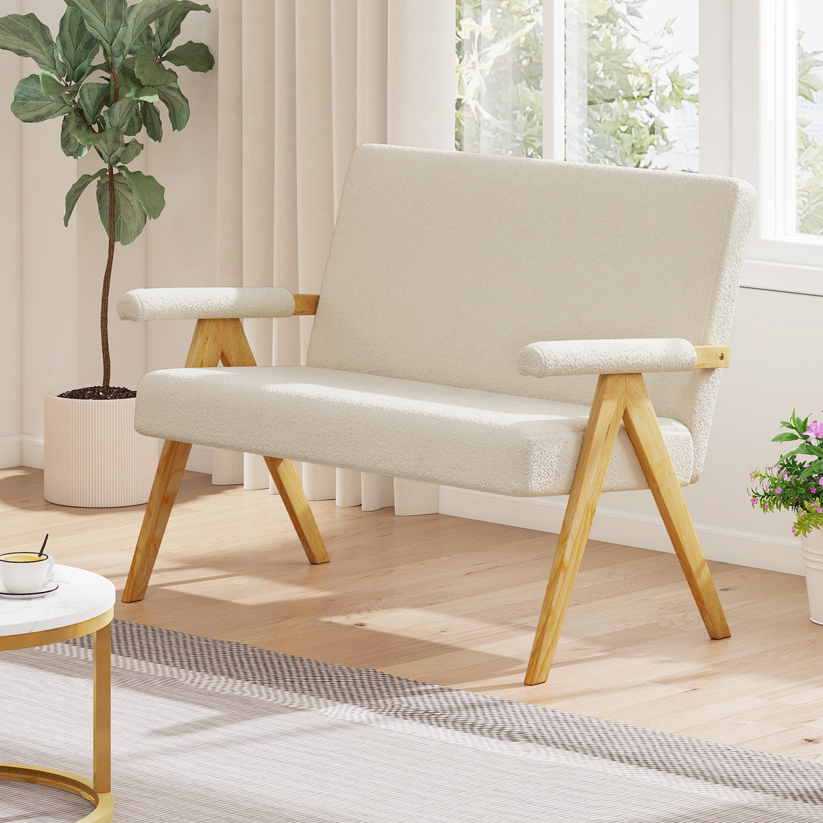 Comfy Upholstered Sherpa Couch with Armrests and Wooden Legs-Beige