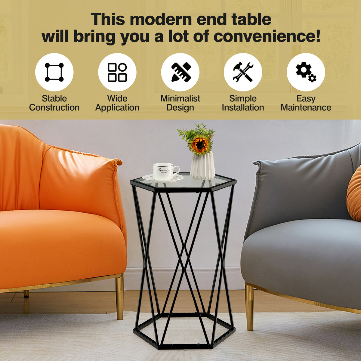 Compact Coffee Table with Tempered Glass Top and Metal Frame