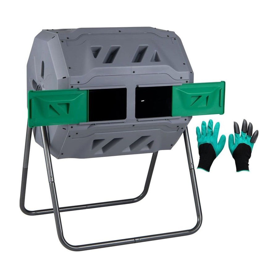 Compost Bin 160L Dual Chamber Composting Tumbler with sliding doors in grey, shown with green gloves