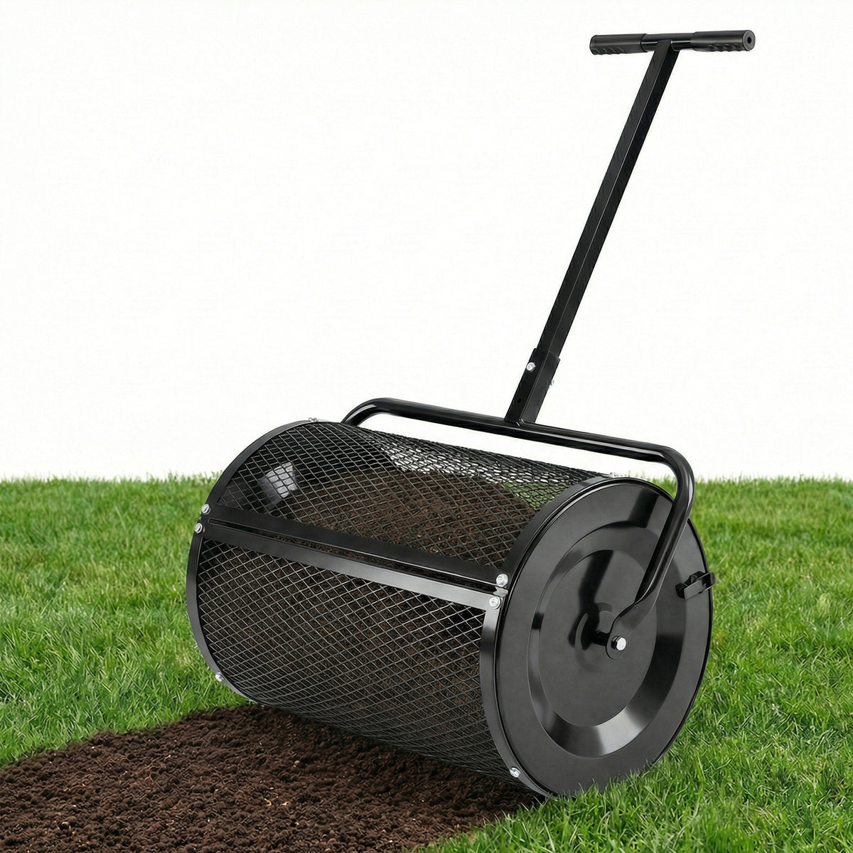 Compost Spreader 61cm Peat Moss Spreader Roller with Height-adjustable T-shape Handle-Black