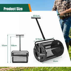 Compost Spreader 61cm Peat Moss Spreader Roller with Height-adjustable T-shape Handle-Black