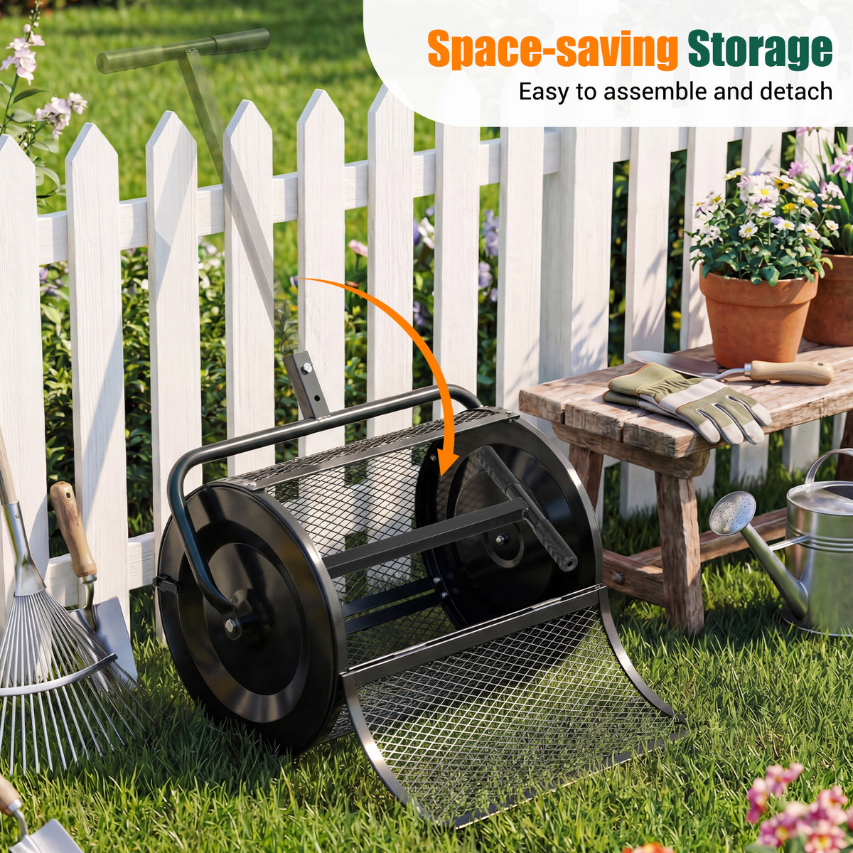 Compost Spreader 61cm Peat Moss Spreader Roller with Height-adjustable T-shape Handle-Black