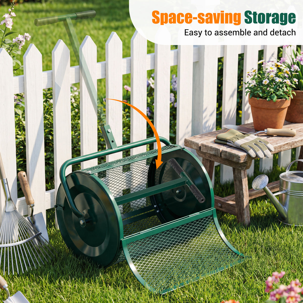 Compost Spreader 61cm Peat Moss Spreader Roller with Height-adjustable T-shape Handle-Green