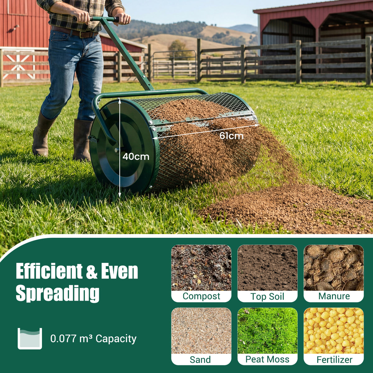 Compost Spreader 61cm Peat Moss Spreader Roller with Height-adjustable T-shape Handle-Green