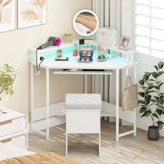 Computer Corner Desk with LED Charging Station and Monitor Stand-White