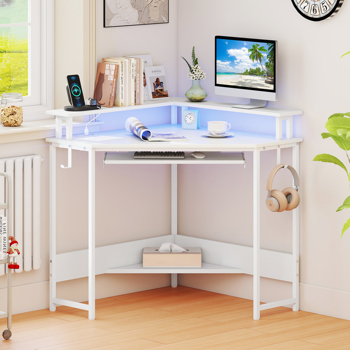 Computer Corner Desk with LED Charging Station and Monitor Stand-White
