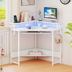 Computer Corner Desk with LED Charging Station and Monitor Stand-White