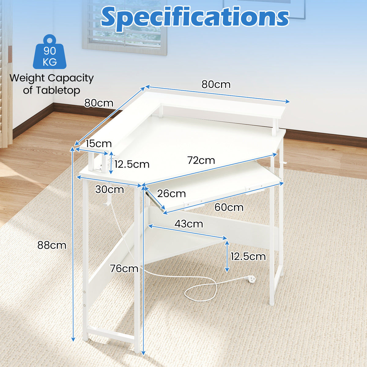 Computer Corner Desk with LED Charging Station and Monitor Stand-White