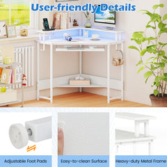 Computer Corner Desk with LED Charging Station and Monitor Stand-White