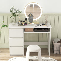 White computer desk with three drawers and a pull-out keyboard tray, set up as a dressing table with a mirror and stool