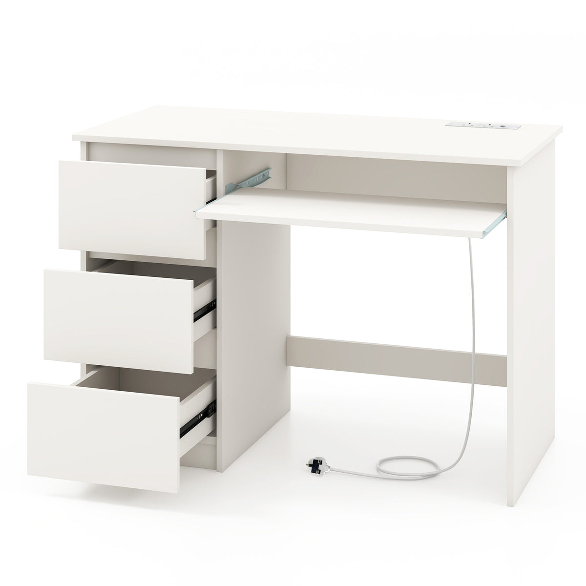 White computer desk with three drawers and a keyboard tray, with the top two drawers pulled open to show the interior