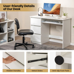 Close-up views of the white computer desk showing hidden handles, metal drawer slides, and anti-slip foot pads