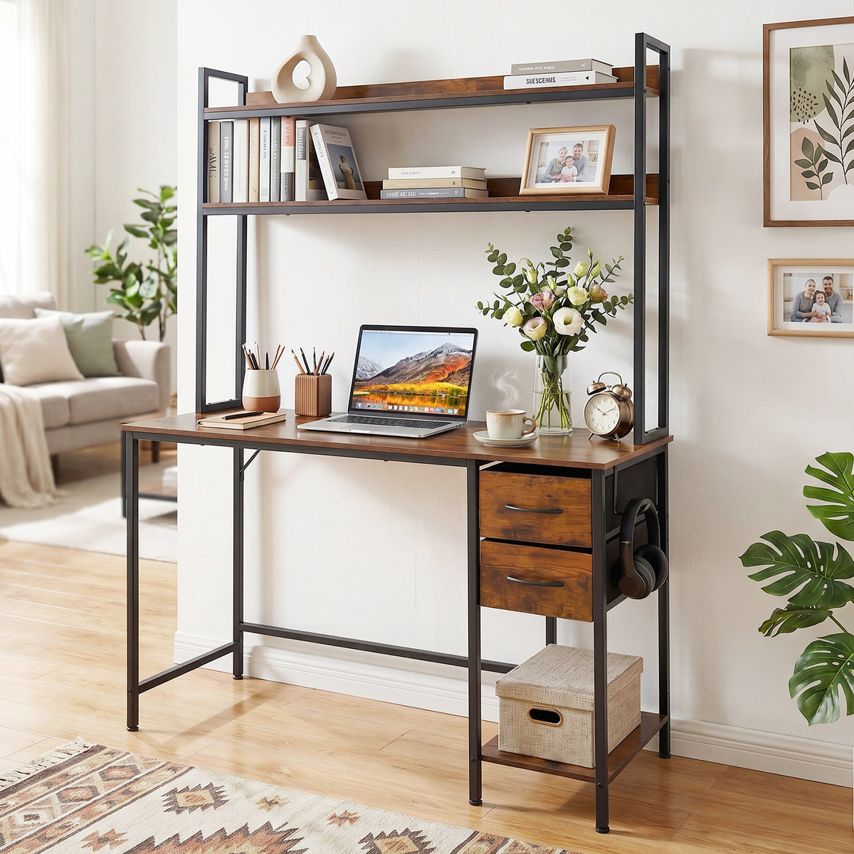Computer Desk with Hutch Reversible Executive Desk with Fabric Drawers and Metal Frame-Rustic Brown
