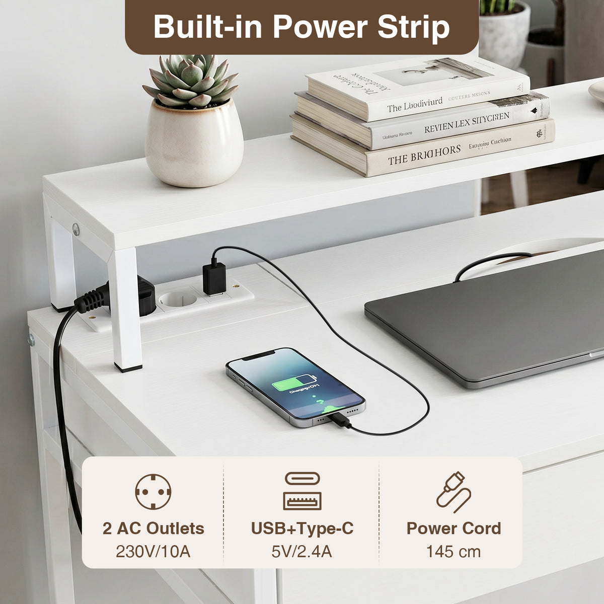 Computer Desk with Power Outlets Compact Office Desk with Removable Monitor Stand-White