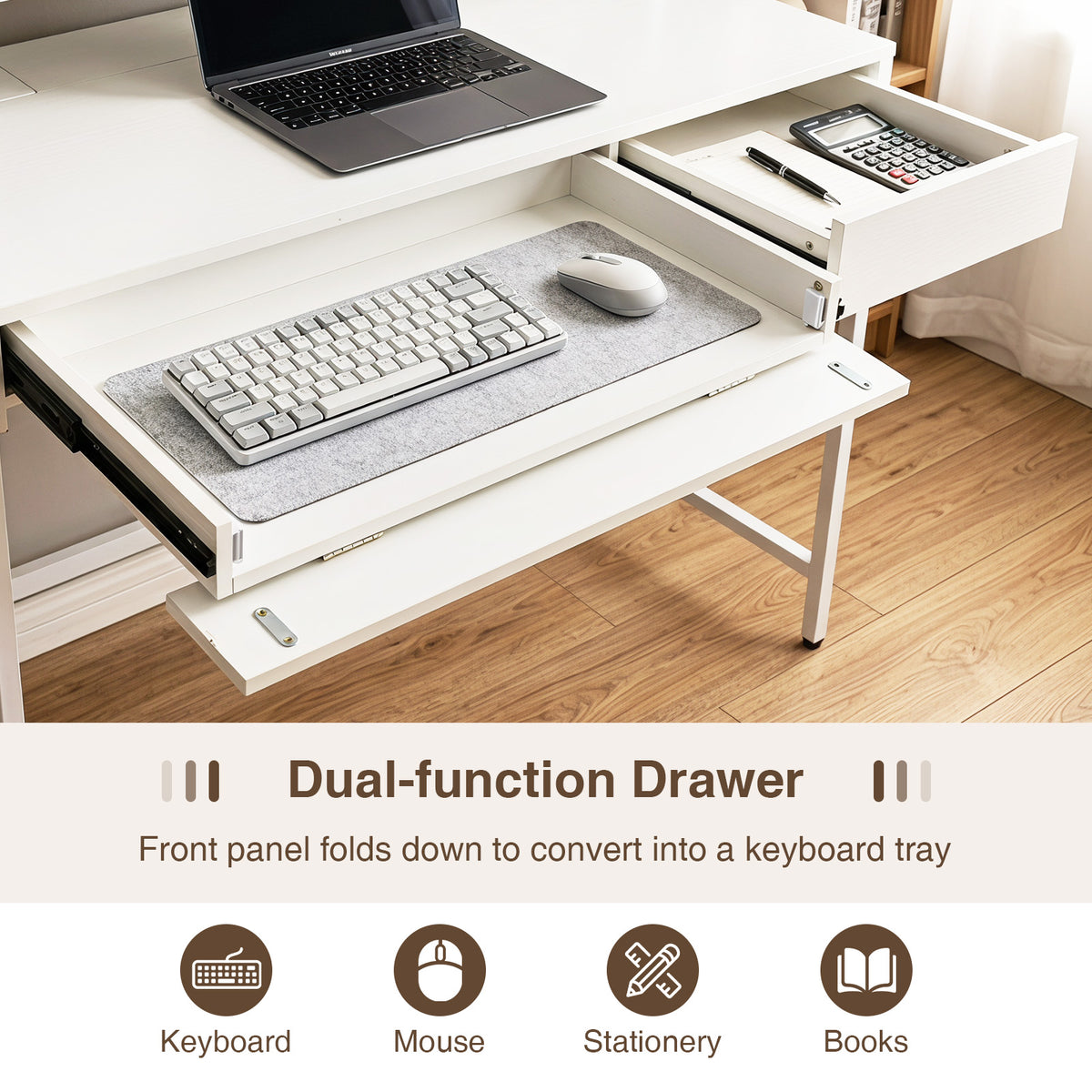 Computer Desk with Power Outlets Compact Office Desk with Removable Monitor Stand-White