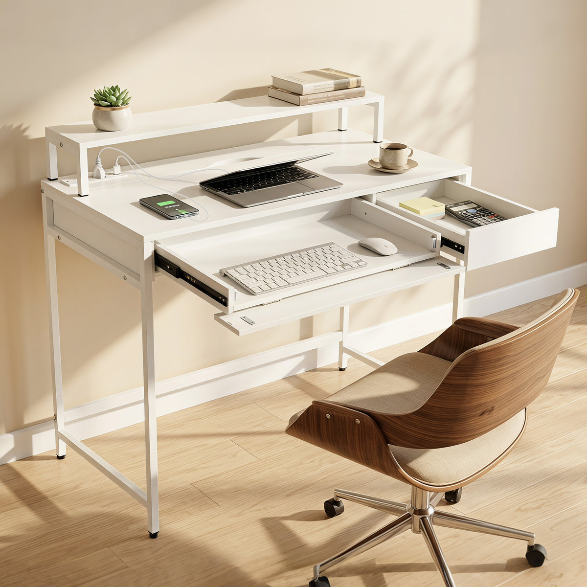 Computer Desk with Power Outlets Compact Office Desk with Removable Monitor Stand-White