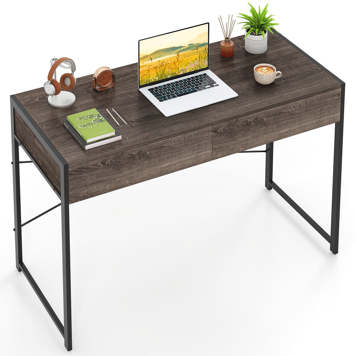 Computer Desk with 2 Drawers Vanity Table with Heavy-Duty Metal Frame-Grey