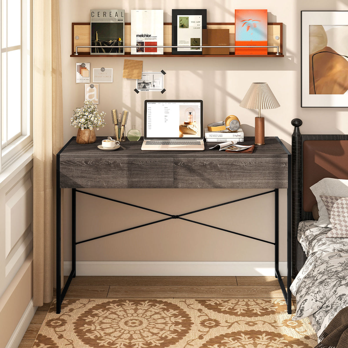 Computer Desk with 2 Drawers Vanity Table with Heavy-Duty Metal Frame-Grey