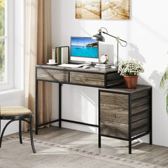 The office desk set up in a bright home study with a computer and a potted plant