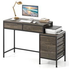 The office desk featuring a printer placed on top of the side cabinet section
