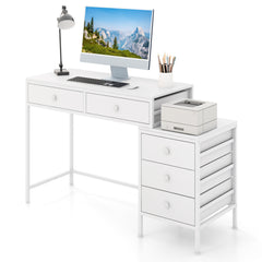 The office desk featuring a computer monitor and a printer on the side cabinet