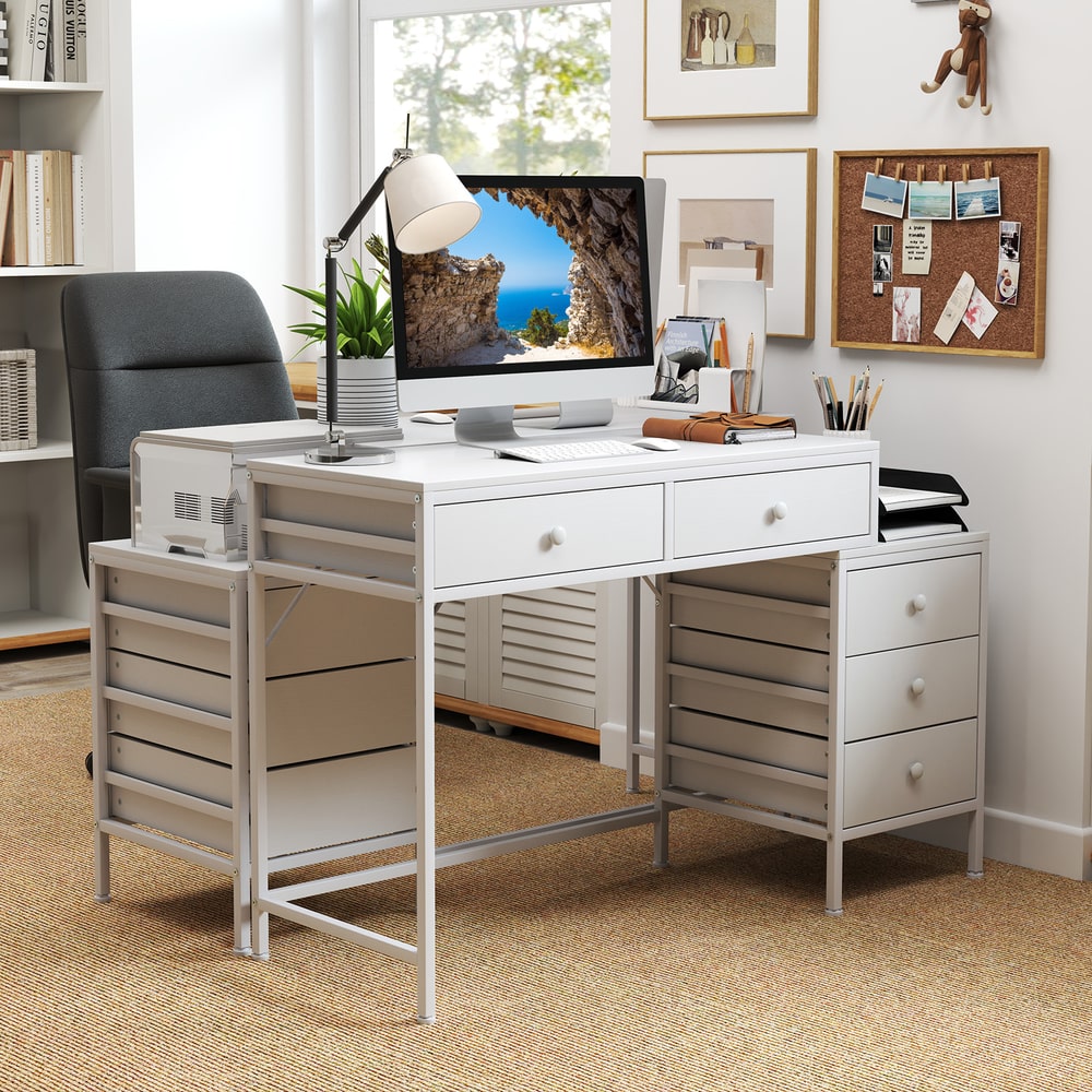 The office desk with two side cabinets and a computer in a home study room