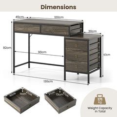 The office desk showing technical measurements and individual drawer dimensions