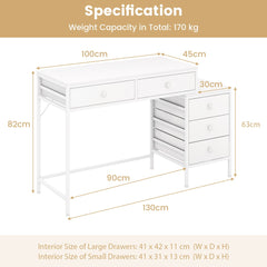The office desk showing dimensions and weight capacity on a beige background