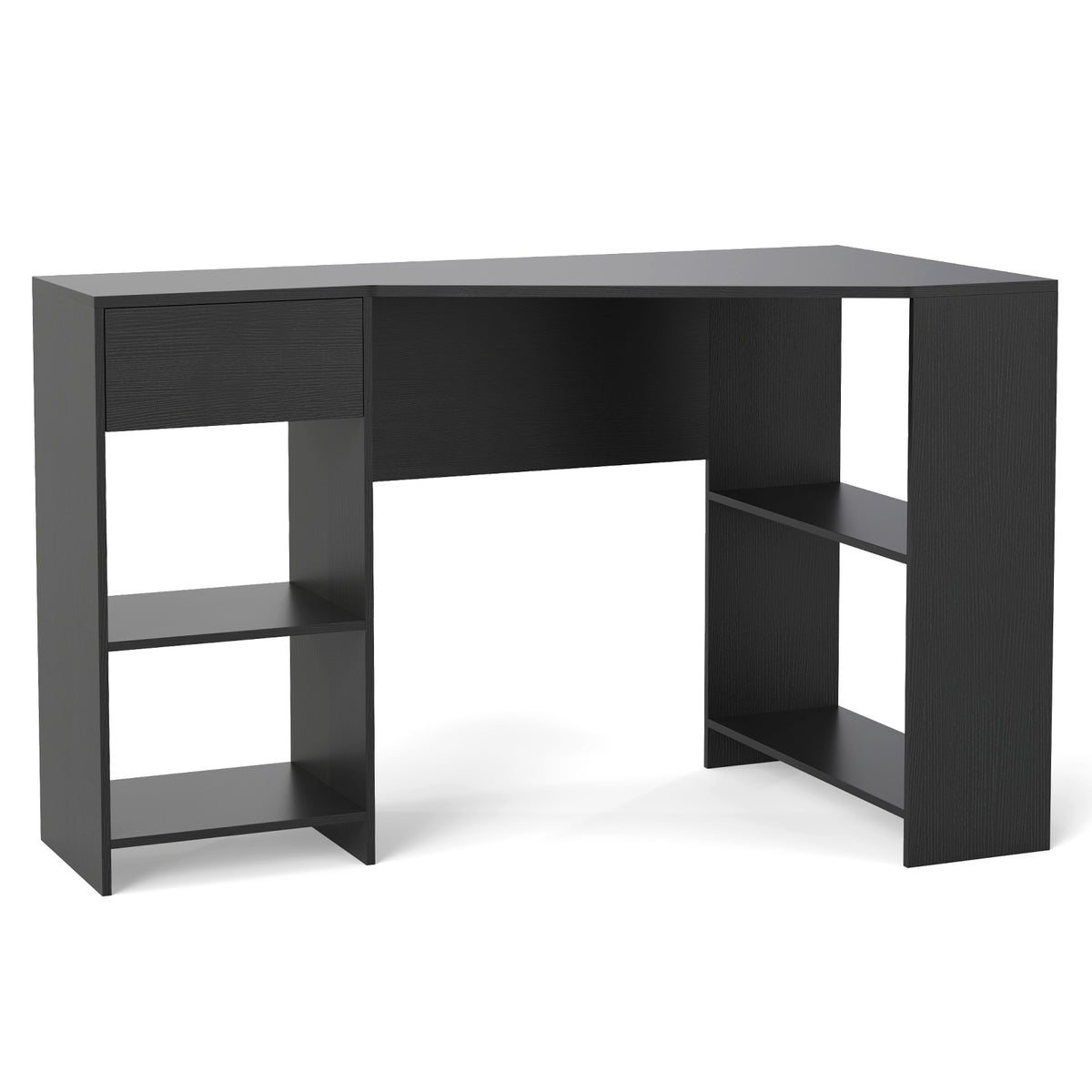 Black L-shaped desk with open shelving on both sides, viewed from a high angle