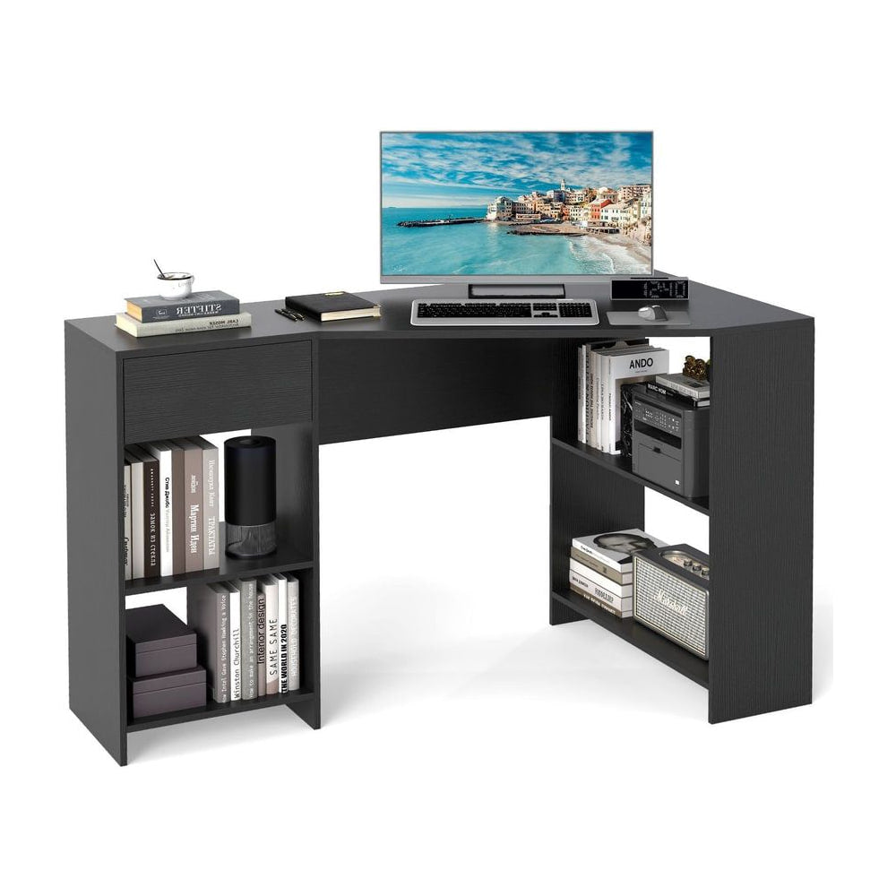L-Shaped Computer Desk with storage and open shelves in black, shown from the front with a computer on top