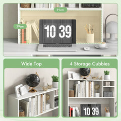 The white bookcase showing internal dimensions and storage compartments