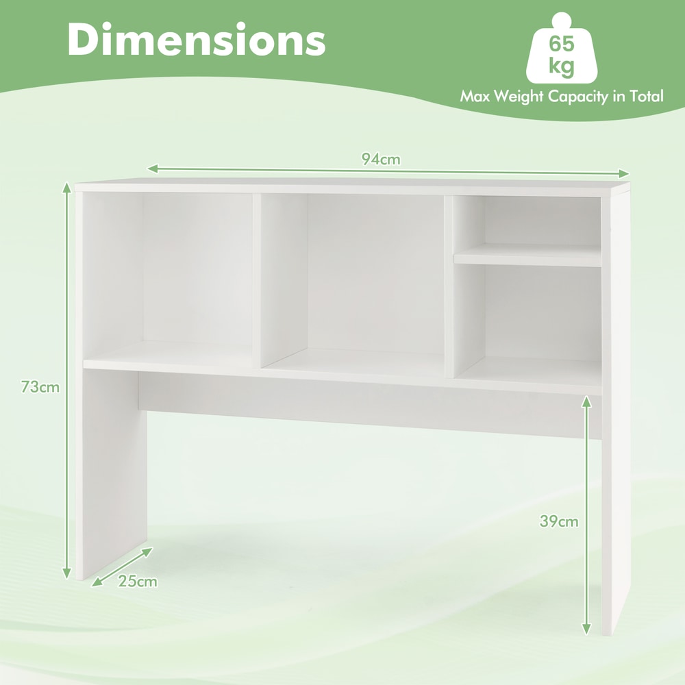 The white bookcase with arrows indicating the external dimensions
