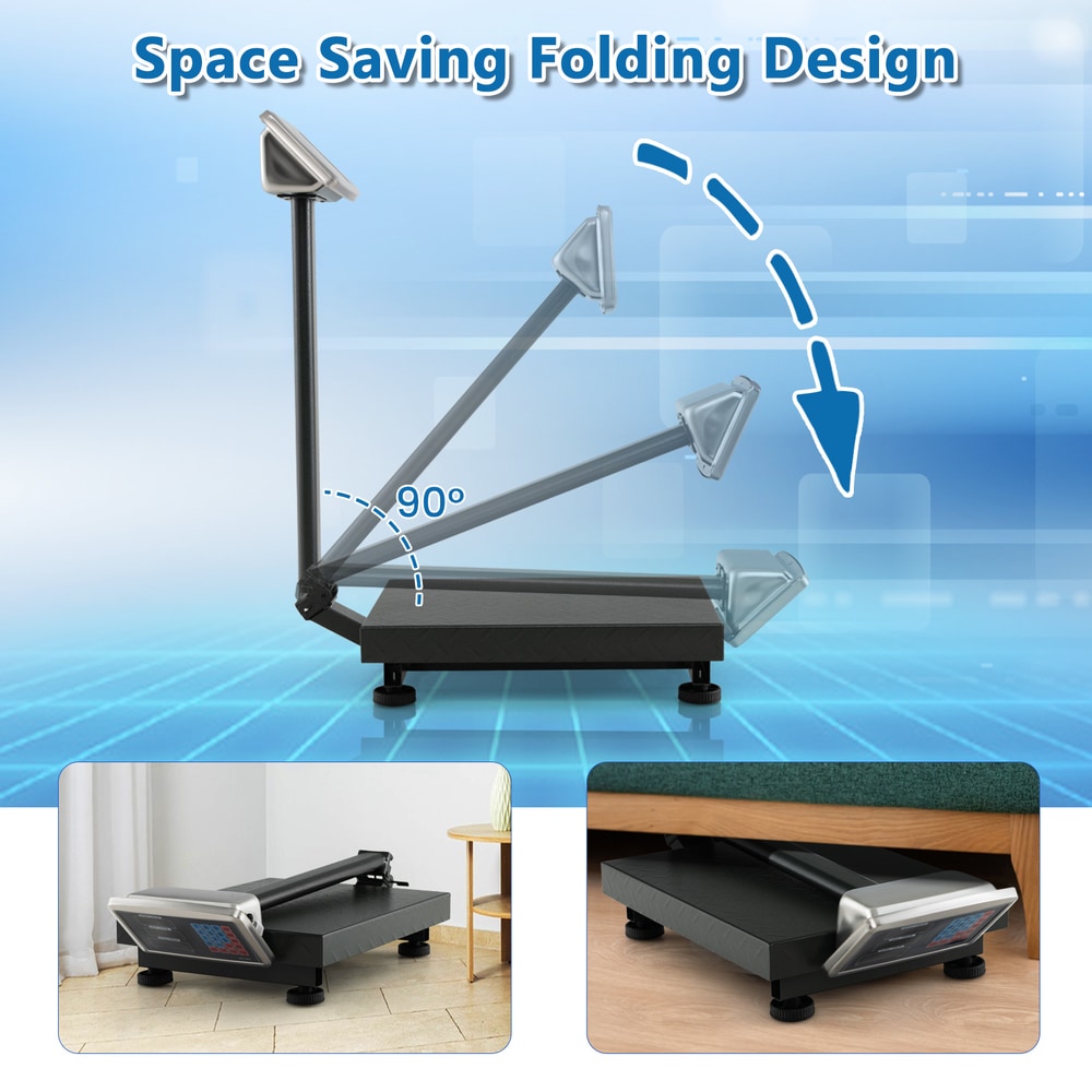 Space saving folding design of the digital platform scale shown in two positions