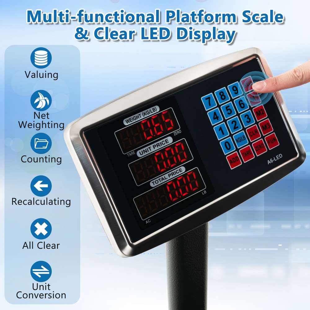 Close up of the digital platform scale's LED display and keypad with functions listed