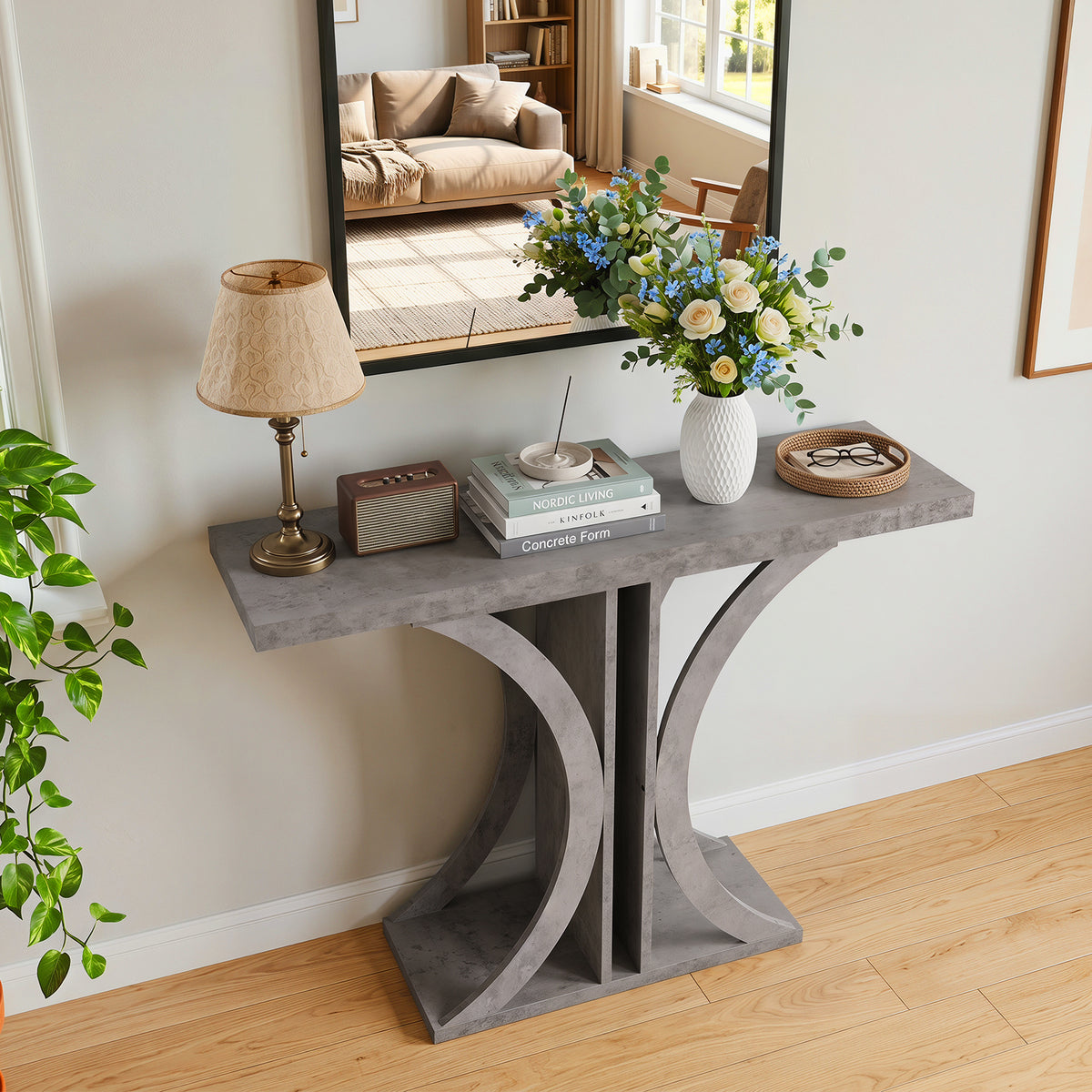 Console Table 100 cm Rectangular Entryway Table with Geometric Frame-Grey