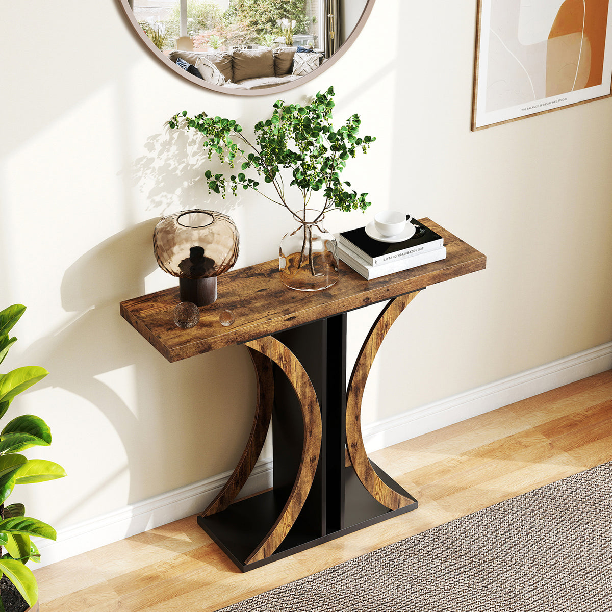Console Table 100 cm Rectangular Entryway Table with Geometric Frame-Rustic Brown