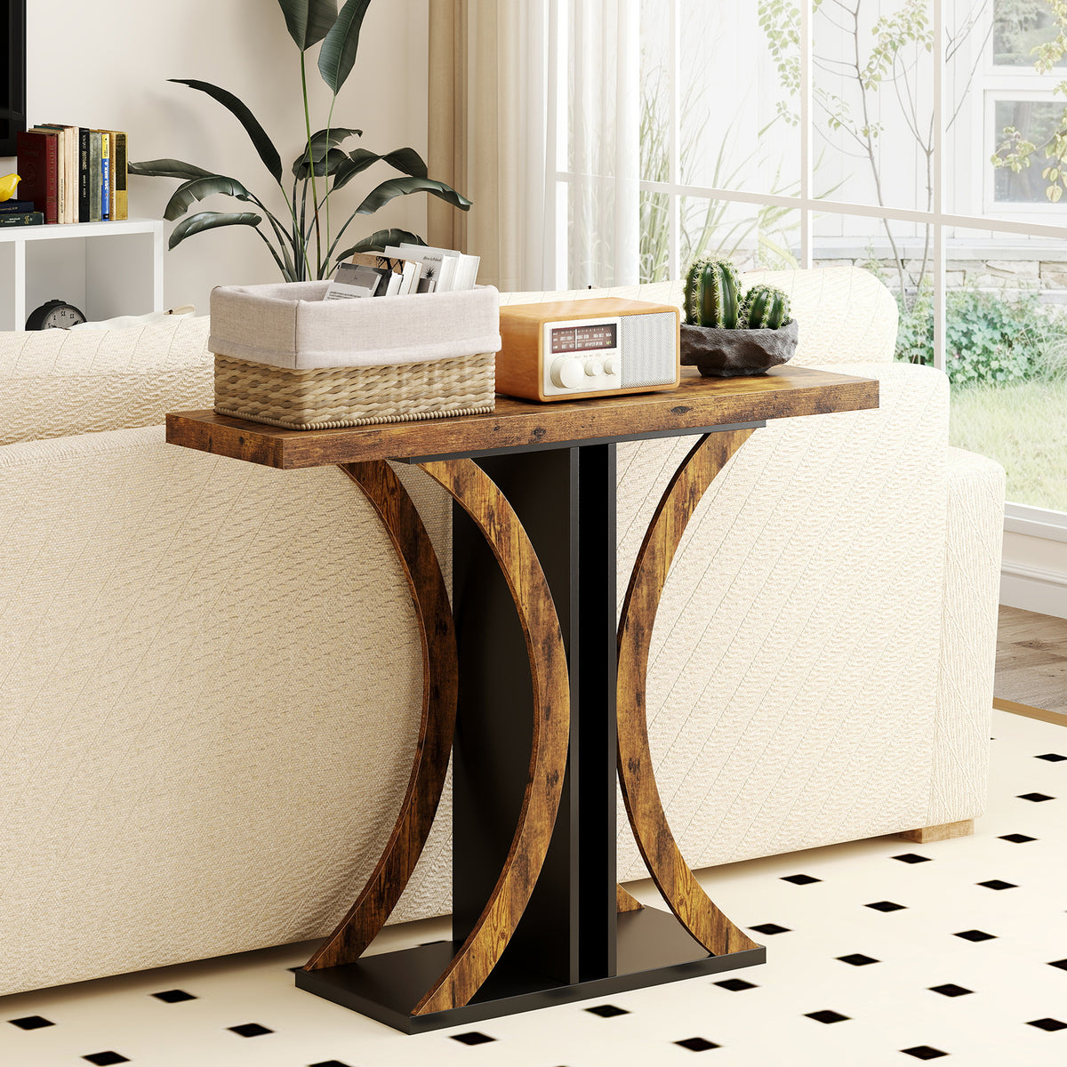 Console Table 100 cm Rectangular Entryway Table with Geometric Frame-Rustic Brown