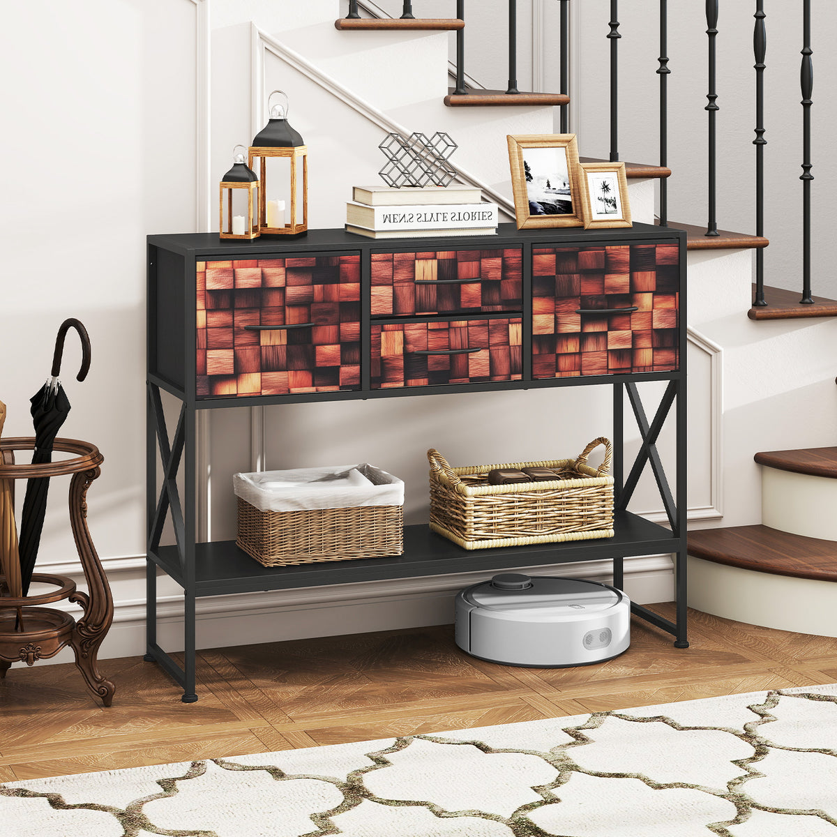 Console Table with 4 Fabric Drawers Shelf and Metal Frame-Coffee