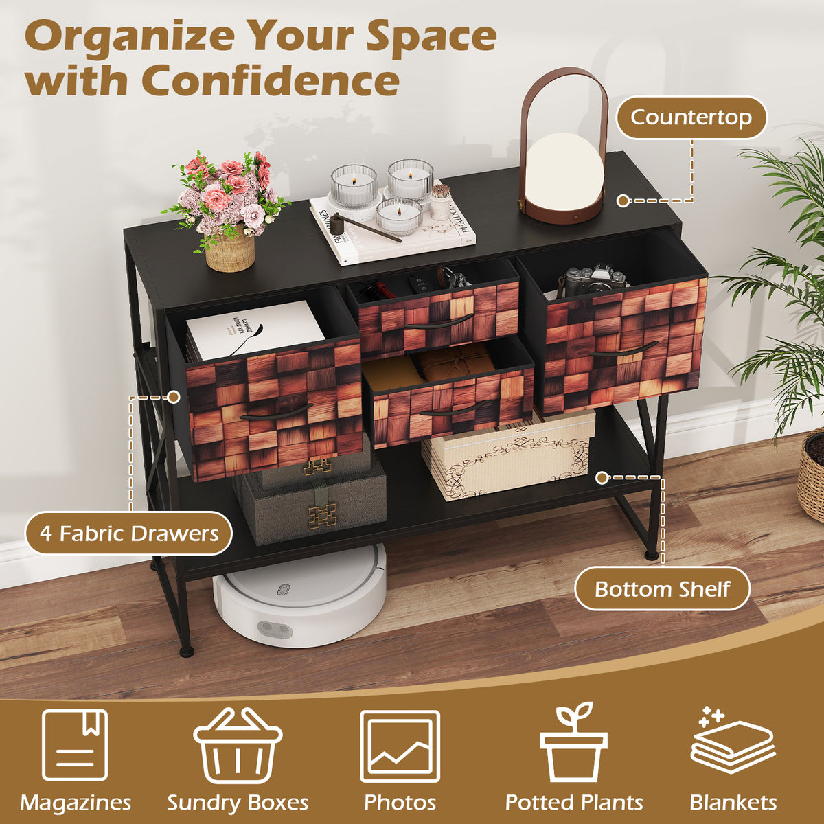 Console Table with 4 Fabric Drawers Shelf and Metal Frame-Coffee