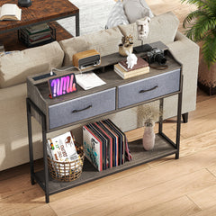 Console Table with Charging Station 110cm Entryway Table with 2 Drawers-Grey