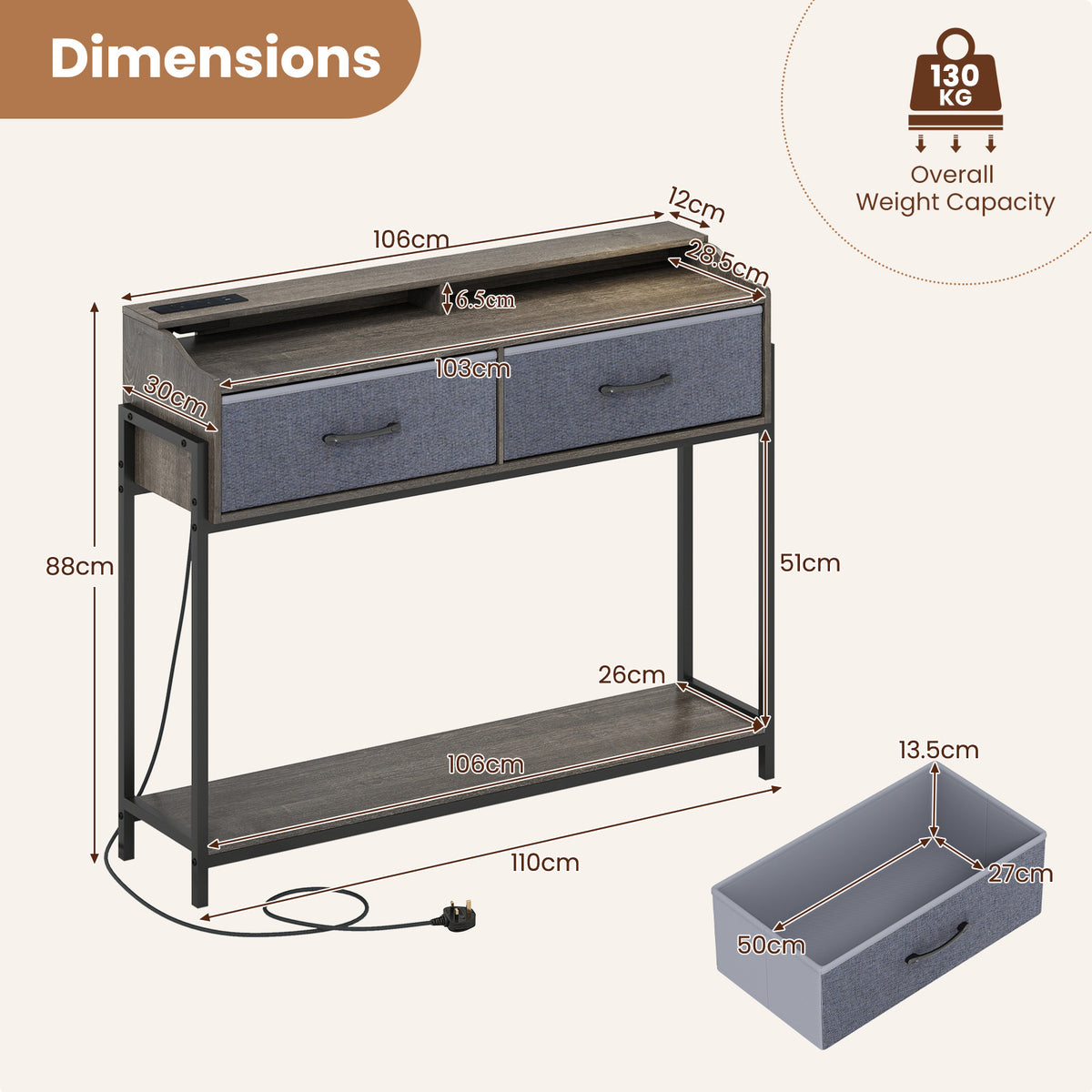 Console Table with Charging Station 110cm Entryway Table with 2 Drawers-Grey