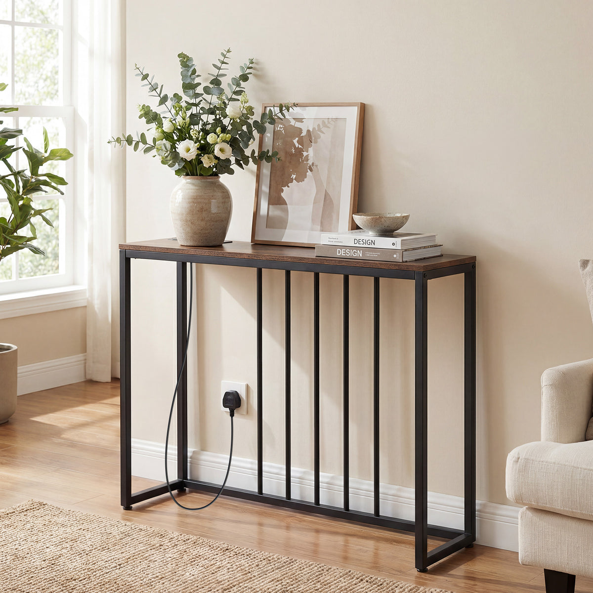 Console Table with Charging Station and Power Outlets for Hallway-Rustic Brown