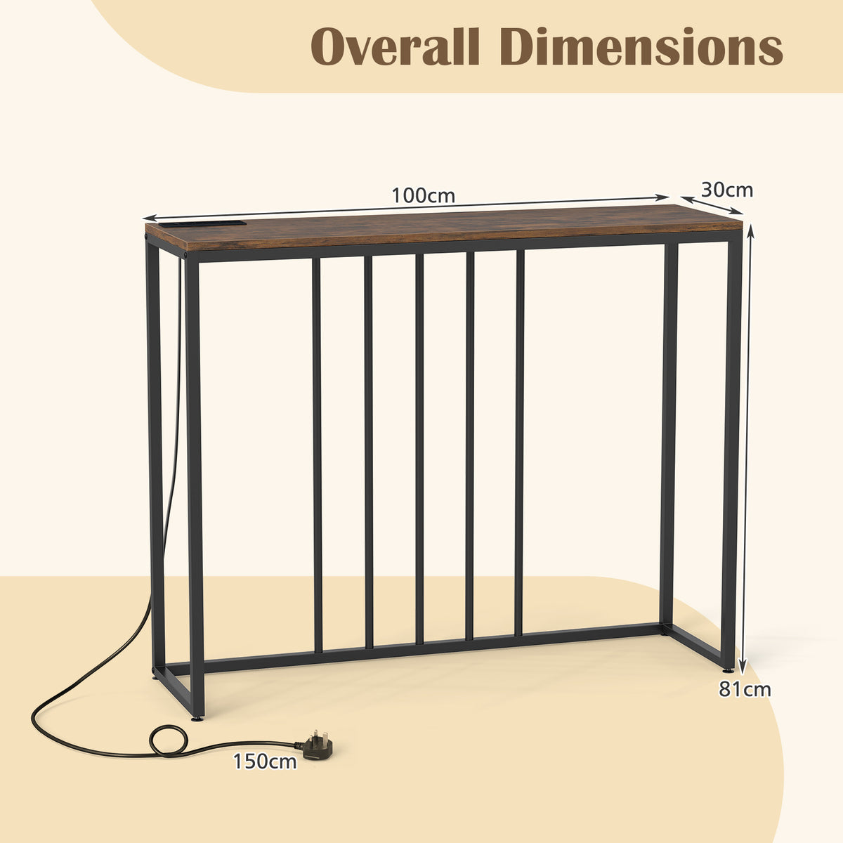 Console Table with Charging Station and Power Outlets for Hallway-Rustic Brown