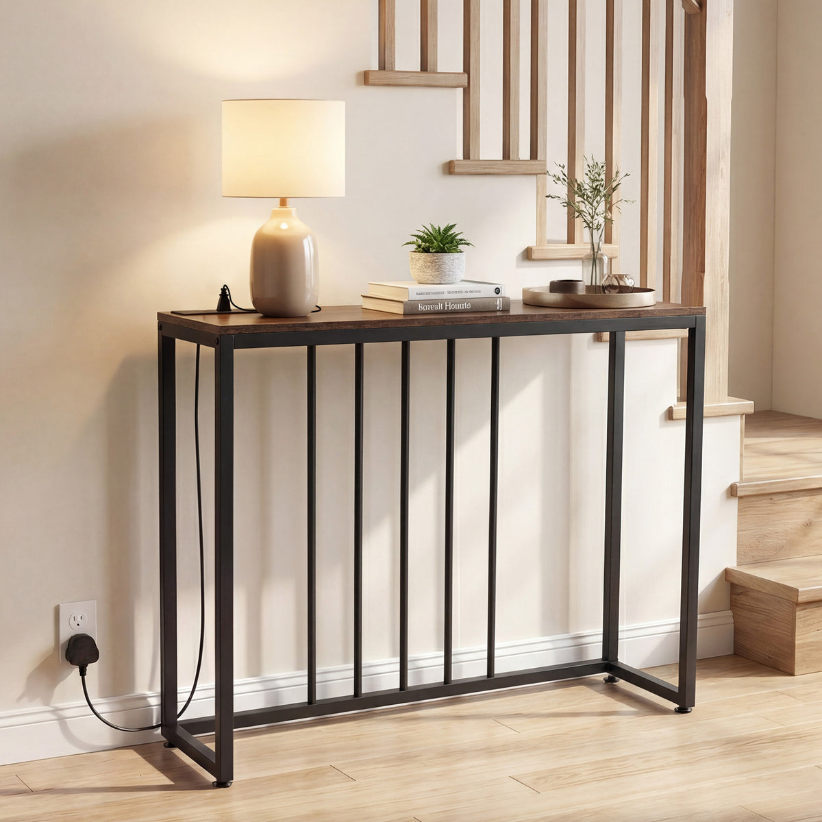 Console Table with Charging Station and Power Outlets for Hallway-Rustic Brown